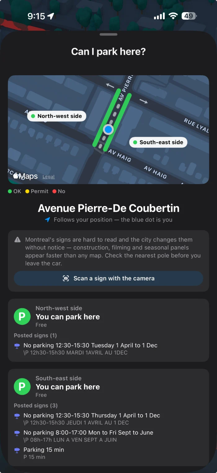 La ficha ¿Puedo estacionar aquí?, que responde para los lados noroeste y sureste de la avenue Pierre-De Coubertin