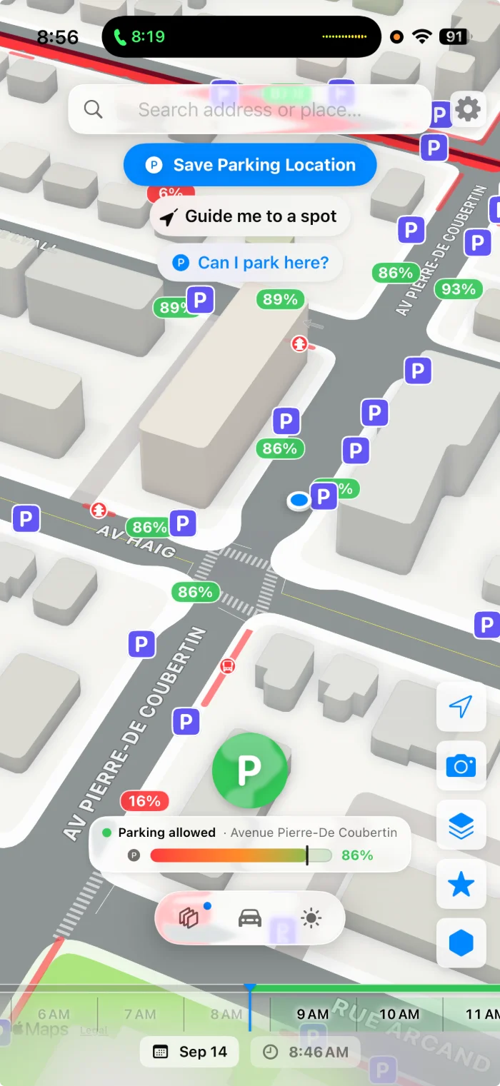 El mapa de Parallel con un marcador de poste situado a lo largo de cada calle, cada uno con las normas que lleva