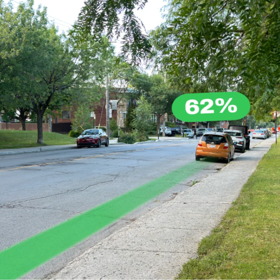 La misma calle en la vida real, con el lado del 62 % pintado de verde