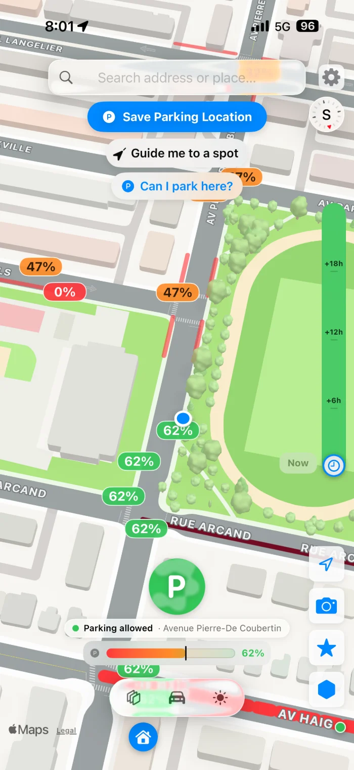 El mapa de Parallel con un porcentaje en cada calle: 62 % donde estás, 47 % en la calle transversal, 0 % más allá