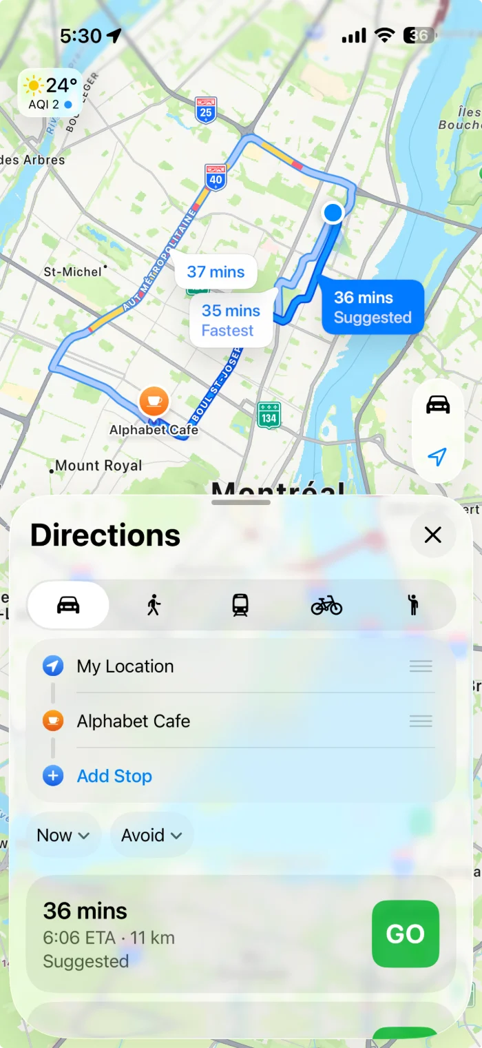 Una app de mapas mostrando un viaje de 36 minutos a Alphabet Cafe con un botón GO