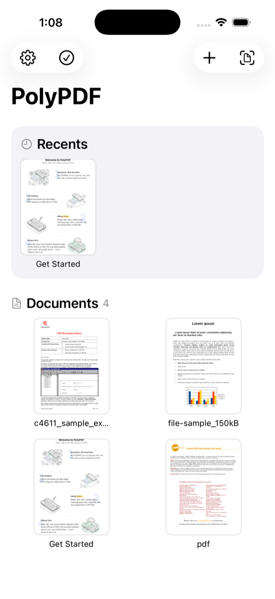 The PolyPDF document library with recents and saved PDFs