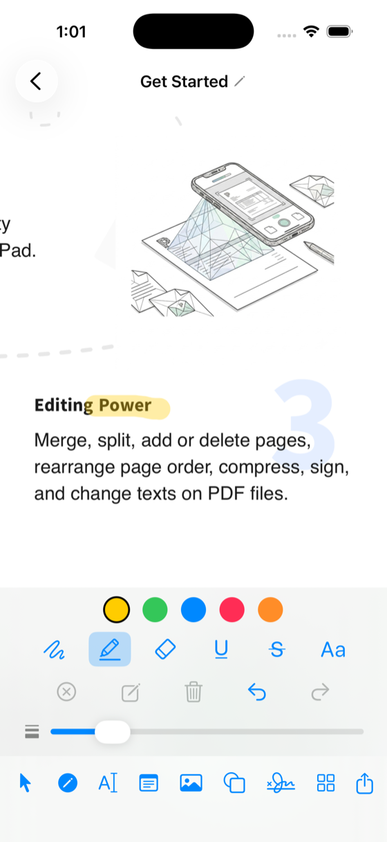 PolyPDF markup toolbar with pen, highlighter, underline and colors