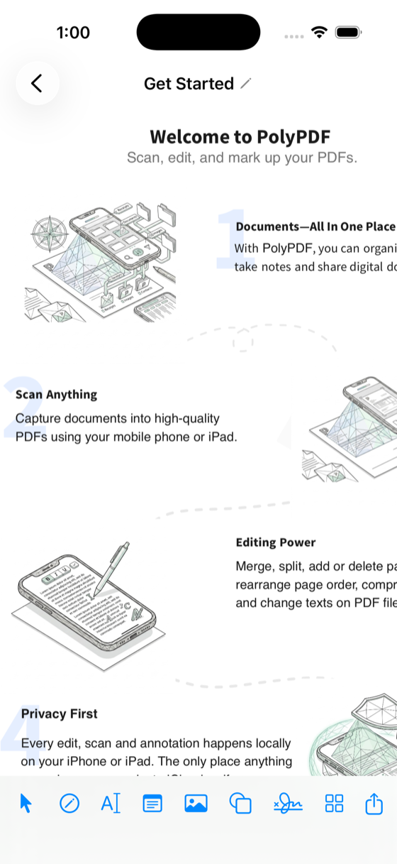 PolyPDF onboarding screen welcoming you to scan, edit and mark up PDFs